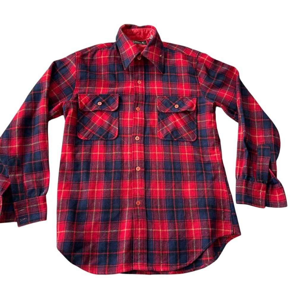 Vtg 60's JCPenny Red Blue Plaid FLANNEL Chore Hunting Work Shop Shirt Retro M